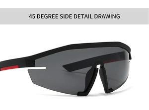 45-degree side view of oversized wrap-around sunglasses with matte black frame and red accents