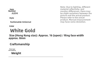 Specifications for white gold plated stainless steel spinning ring with adjustable opening