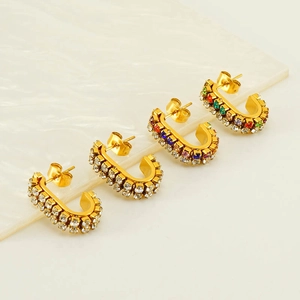 Stainless Steel Hoop Stud Earrings Double Row Rhinestone Colorful Zircon U Shape 18K Gold Plated For Women
