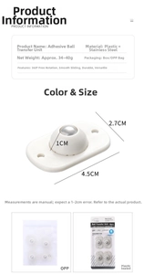 Universal adhesive caster wheels with size 4.5x2.7cm and stainless steel ball detail
