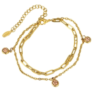 Gold double-layered stainless steel bracelet with pink rhinestone satellite stones