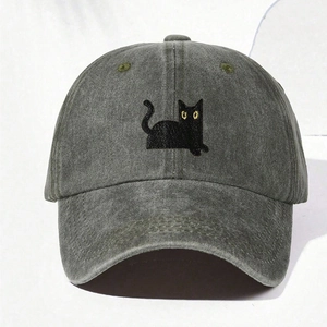 Vintage washed cotton baseball cap with embroidered black cat motif for kids