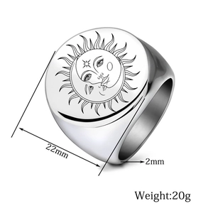 Detailed view of 22mm sun and moon engraved round stainless steel signet ring