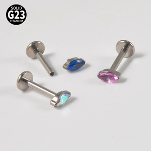 Solid G23 titanium marquise labret stud with colorful opal stones in blue and pink