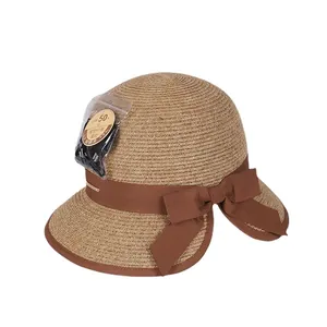 Elegant sun hat for women with bow, plant fiber material, UPF 50+ and 99.9% UV protection