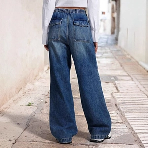 Women's vintage blue wide-leg jeans with elastic high waist and large back pockets