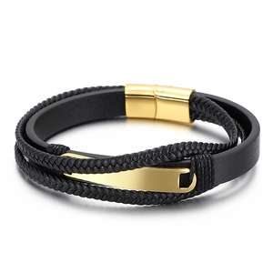 Men's multilayer black braided leather bracelet with golden steel plate and magnetic clasp