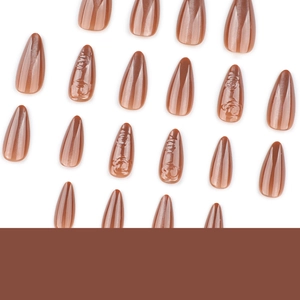 3D rose brown cat-eye press-on nails in almond shape with embossed floral details