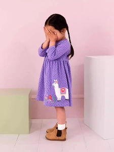 Girls Long Sleeve Cotton Dress Purple Polka Dot Alpaca Embroidery Princess Casual Autumn Outfit