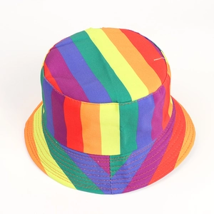 Detailed top view of rainbow striped bucket hat with stitching on breathable cotton fabric