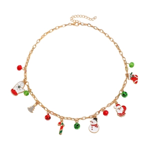 Collier de Noël avec chaîne dorée et pendentifs émaillés comme le Père Noël et sapin