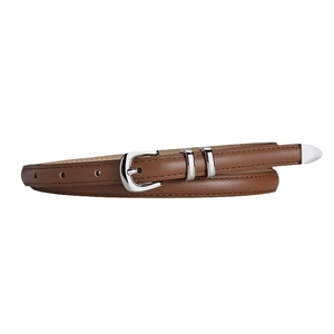 Slim brown leather belt for women featuring a silver square buckle and metal tip