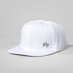 White flat-brim snapback baseball cap with a silver star and Glittering text print