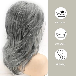 Detail of silver gray wavy wig texture with hand wash and air dry care instructions