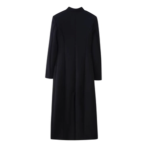 Back view of black stand collar wool coat with padded shoulders and cinched waistline