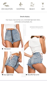 Dettaglio degli shorts in denim a vita alta con stringhe laterali e lunga zip frontale