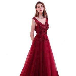 Elegant wine red V-neck evening gown with 3D floral beads and sequins for formal galas
