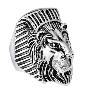 Bague tête de lion hip hop pour hommes en acier inoxydable argenté style vintage