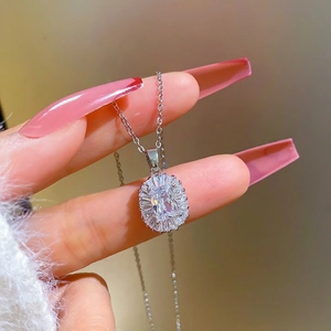 Radiant titanium steel necklace with rectangular zircon pendant and halo diamond accents