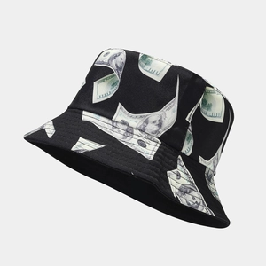 Detail view of durable canvas bucket hat with 100 dollar bill print and reinforced stitching