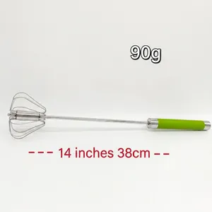 Detail of 14-inch stainless steel semi-automatic whisk with green handle and 90g weight