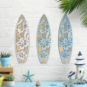 Surfboard Wood Wall Decor Hollow Carved Hibiscus Flower Beach Theme Tropical Coastal Hanging Sign Home Living Room