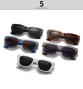 Details von fünf stylischen rechteckigen Sonnenbrillen in Schwarz, Tortoise, Blau, Grau und Weiß