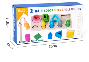 Detailansicht der Abmessungen des hölzernen 2-in-1-Formensortierers und Angelspielzeugs