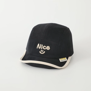 Detail of black 5-panel cotton baseball cap with Nice embroidery and smiley face icon