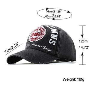 Vintage washed black cotton baseball cap with star embroidery and side text branding
