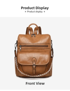 Detailed front view of brown multi-pocket retro faux leather backpack for women