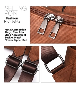 Detail of brown textured fabric bag featuring gunmetal zippers and adjustable strap buckles