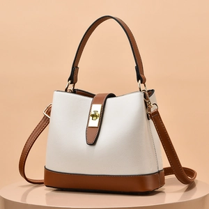 Sac À Main Seau Mode Femmes Couleur Contrastée Cuir PU Serrure Métal Doré Sac À Épaule Bandoulière Tendance Élégance