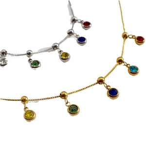 Gold and silver stainless steel necklaces with colorful round birthstone pendants