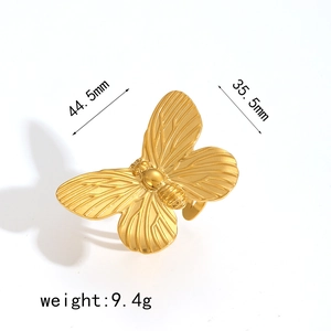 18K gold plated stainless steel butterfly ring with detailed wing texture for women