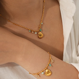 Stainless Steel Ocean Shell Star Pendant Necklace Jewelry For Women Vacation Beach Style Turquoise Beads