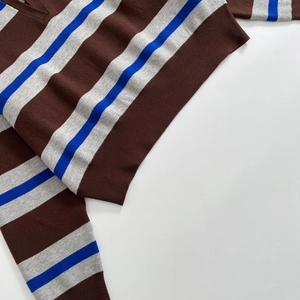 Women's vintage striped knit polo top with brown, grey and blue horizontal patterns