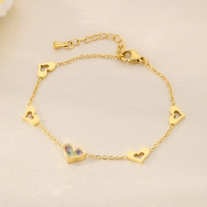 Minimalist gold stainless steel bracelet with five heart charms and colorful stone inlay