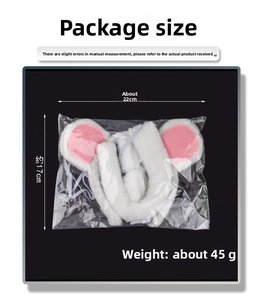Detailed view of plush mouse ears headband and tail set in transparent packaging with dimensions
