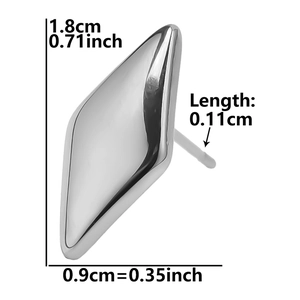 Size chart for geometric rhombic stainless steel stud earrings with detailed dimensions