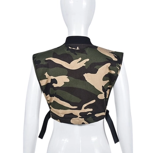 Back view of a cropped camo vest with adjustable side straps on a mannequin