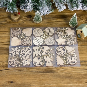 6-pack wooden Christmas pendants featuring hollow snowflakes and stars in rustic gift boxes