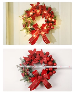 50cm red Christmas wreath with LED lights and glitter ornaments for front door decoration