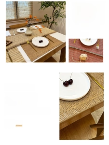Detail view of handmade woven placemat with tassels in beige and festive red colors
