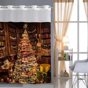 Christmas library book tree shower curtain with metal eyelets and waterproof fabric