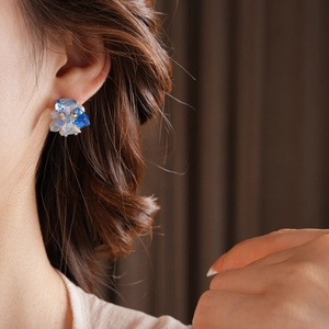 Close-up of blue crystal cluster stud earrings worn by a model in soft lighting