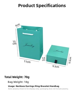Detailed size view of tiffany blue jewelry gift bag and drawer box packaging set