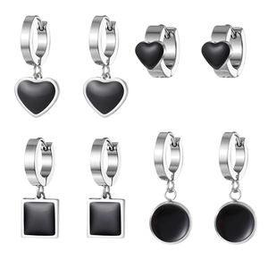 Minimalist stainless steel hoop earrings set with black heart, square and round charms
