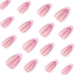 Short almond press on nails with pink French tips and sheer nude base for women