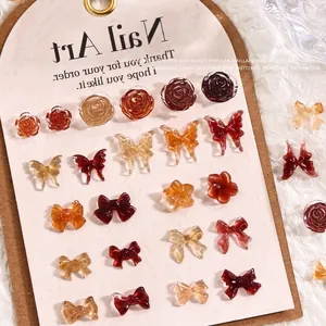 Maillard Brown 3D Resin Nail Art Charms Mix Camellia Butterfly Bow Heart Decoration For Fall Winter DIY Manicure Jewelry